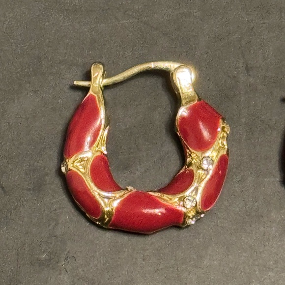 Red and Gold Hoop Earrings with Rhinestones - Picture 3 of 3